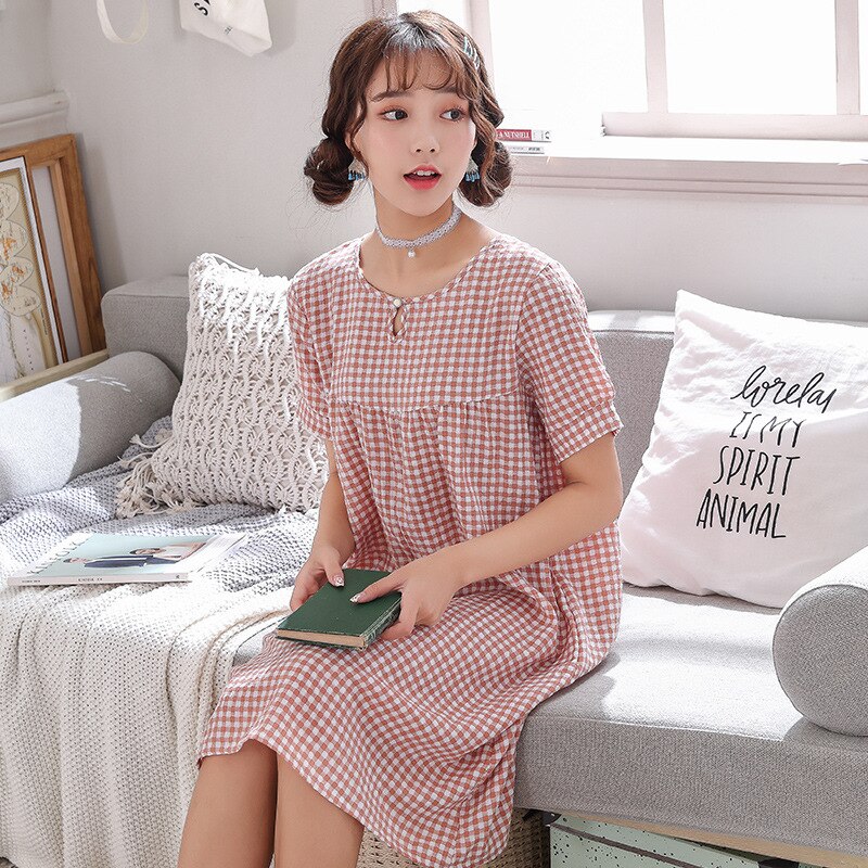 Summer New Plaid Print Cotton Long Night