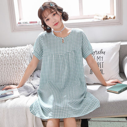 Summer New Plaid Print Cotton Long Night