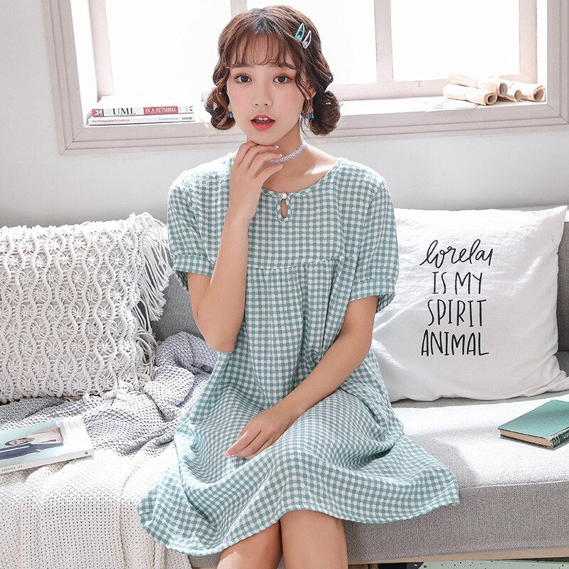 Summer New Plaid Print Cotton Long Night