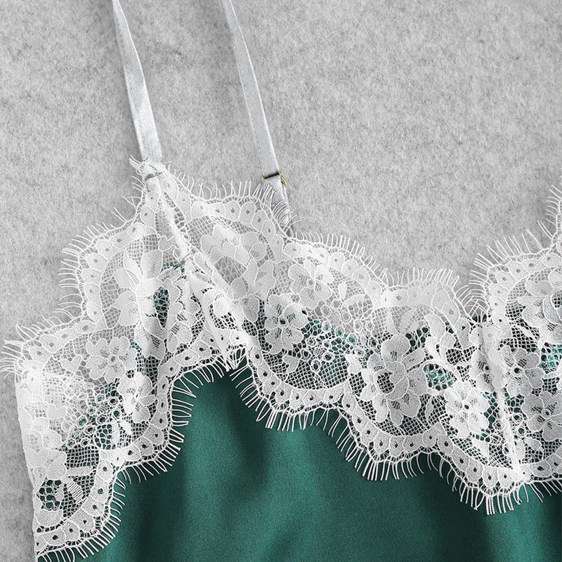 Summer New Sexy Lace Edging Satin Sleepwear