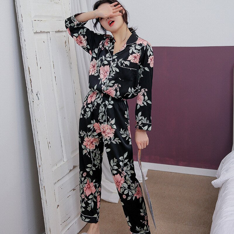 Summer Thin Ice Silk Pyjamas Two Piece Long