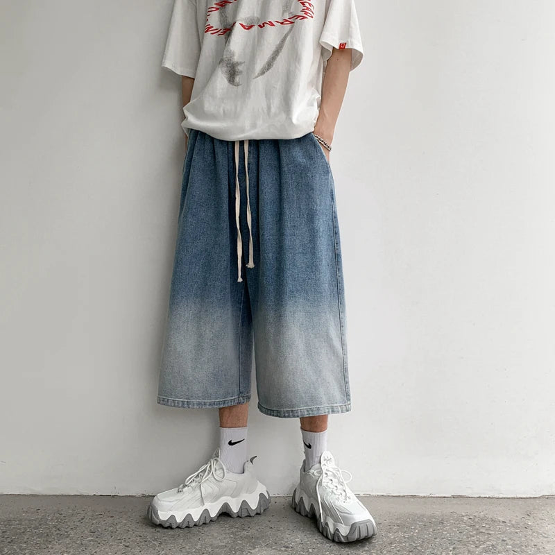 Summer Gradient Jeans Shorts Male Calf Length Trousers Denim Elastic