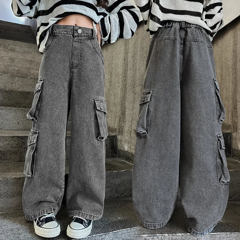 Multi-Pocket Jeans For Girls 6 8 10 12 14Years Old Spring Autumn