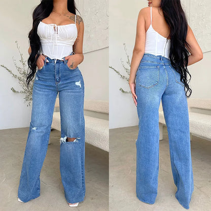 Women Jeans Wide Leg Pants Denim High Waist Zipper Fly Washing Holes