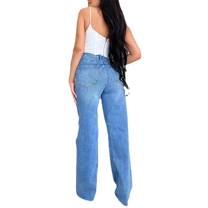 Women Jeans Wide Leg Pants Denim High Waist Zipper Fly Washing Holes