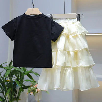 Childrens Sets Girl Short Sleeve Skirt New Sweet Bow Hot Drill Cake