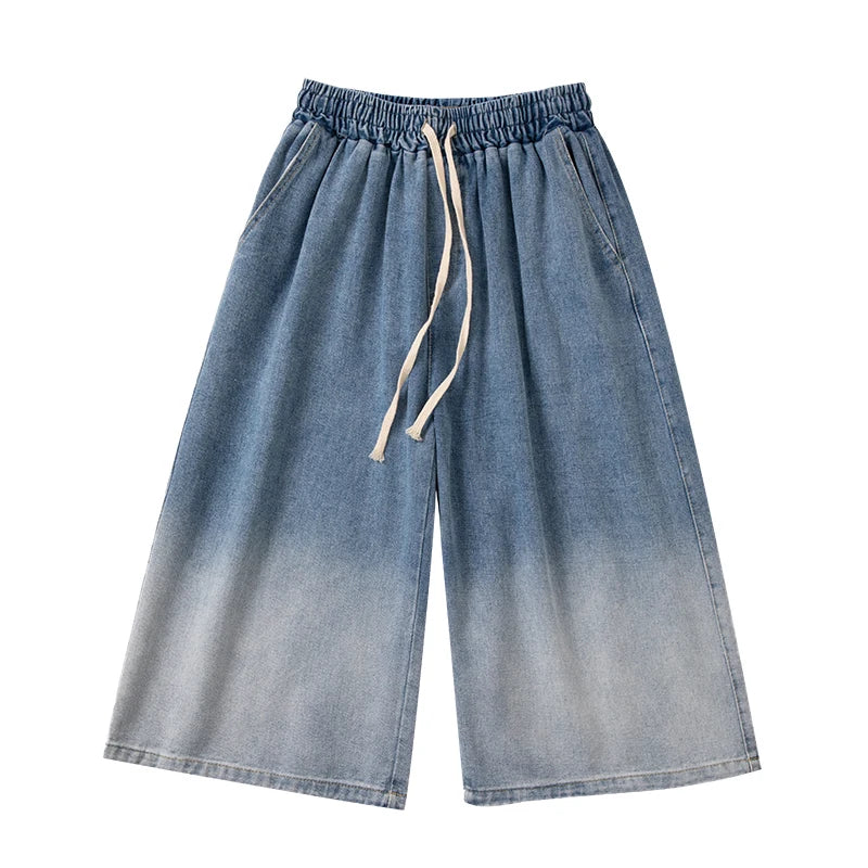 Summer Gradient Jeans Shorts Male Calf Length Trousers Denim Elastic