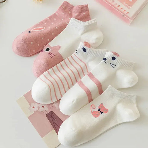 5 Pairs of Pink and White Till Cute Cat Fashion Women&