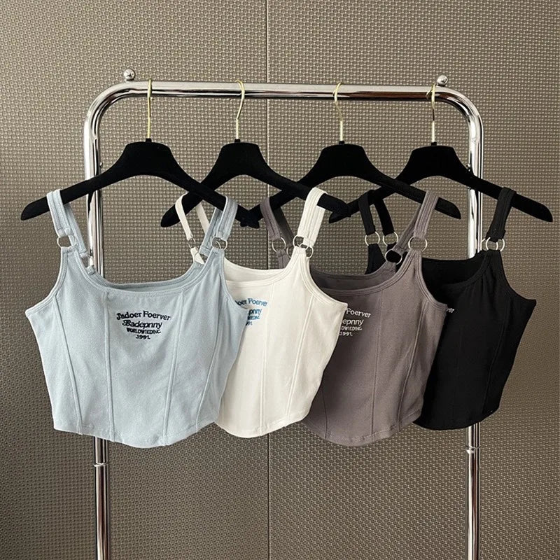 Striped bra pad sexy tank top Y2K solid color short women&