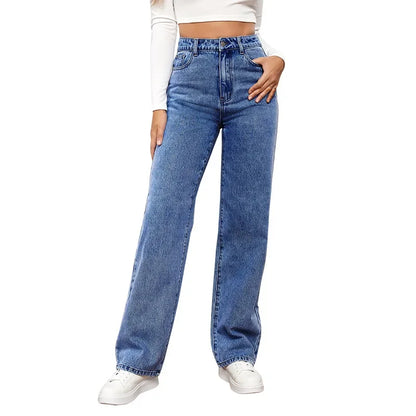 Women Jeans Straight Pants Denim Washing High Waist Loose Fit Pockets