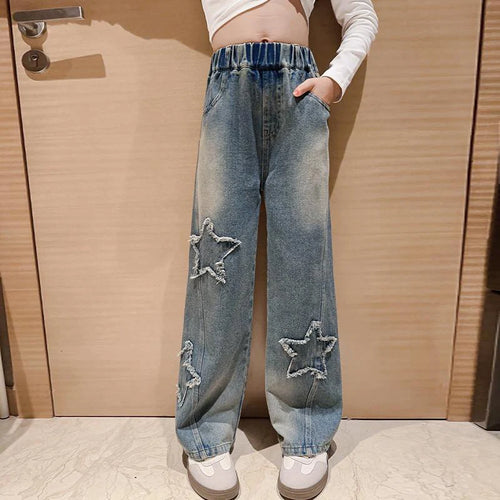 IENENS High Waist Jeans Girl Straight Loose Wide-leg Pants Spring and