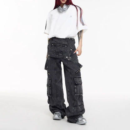 Mens Denim Strap Design Washed High Street Pants Autumn Hawaii Niche