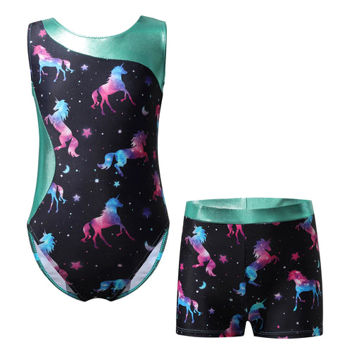 Kids Girls Gymnastics Sport Dance Leotard Set Jumpsuit Fancy Print