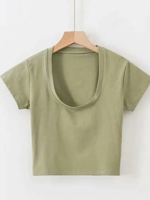 U-Neck Crop Top Solid Color Women Casual High Waist T Shirt Basic Sexy