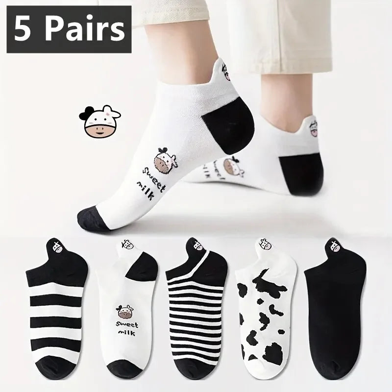 5 Pairs Womens Socks Lovely Cow Pattern Short Socks Creative Printing