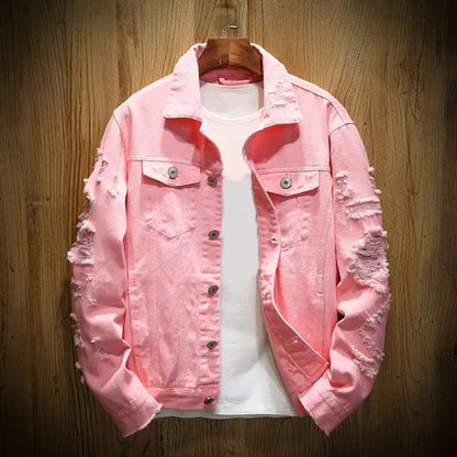 S-3XL Fashion Denim Jacket Men Ripped Holes Mens Pink black Jean