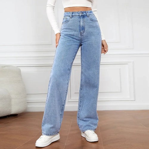 Women Jeans Straight Pants Denim Washing High Waist Loose Fit Pockets