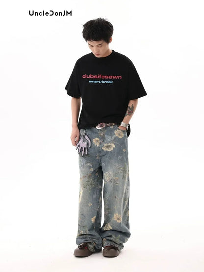 UNCLEDONJM Floral Print Jeans Y2k Men’s Jeans Streetwear Pants for Men