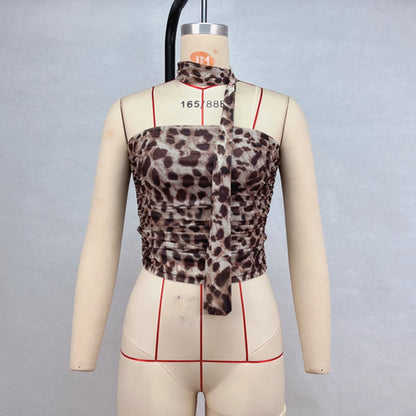 Summer New Fashionable Leopard Print Lace Up Mesh Pleated Waist