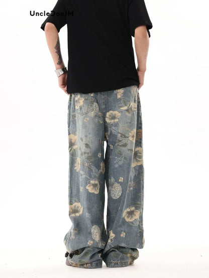 UNCLEDONJM Floral Print Jeans Y2k Men’s Jeans Streetwear Pants for Men