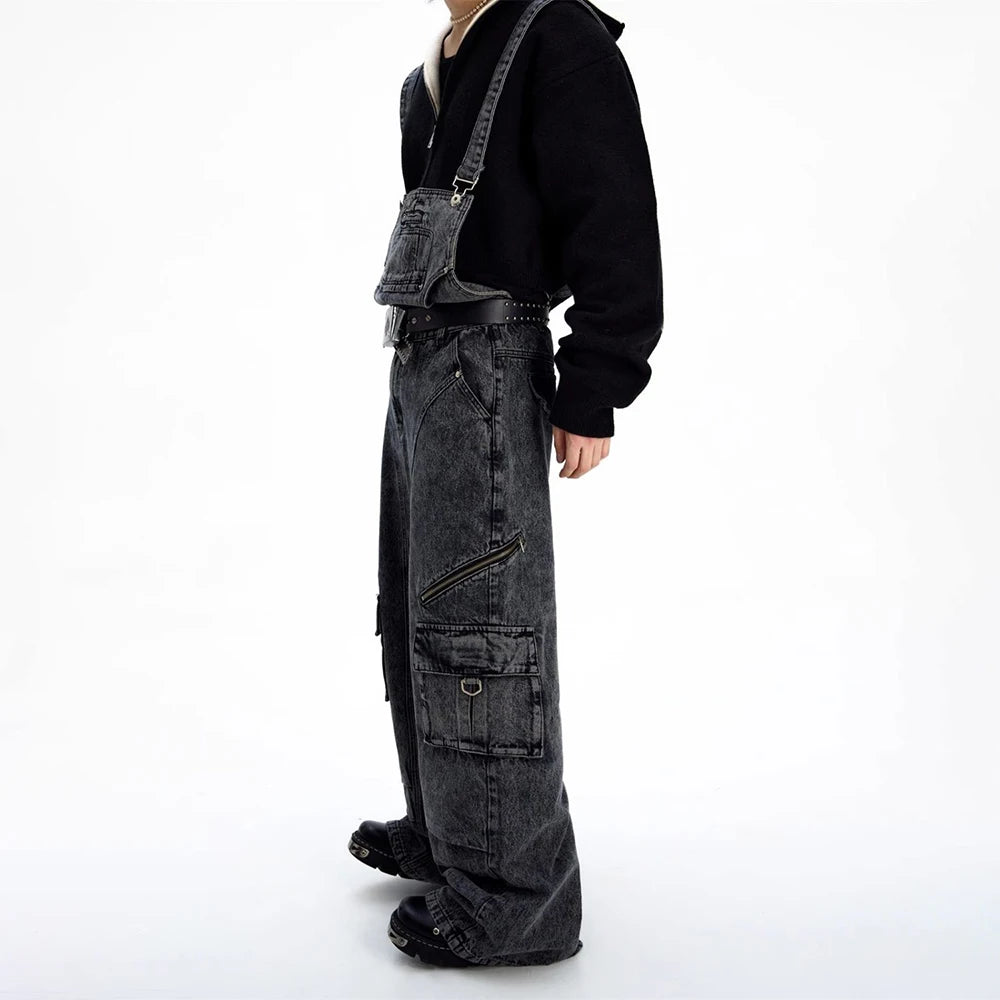 Mens Denim Strap Design Washed High Street Pants Autumn Hawaii Niche