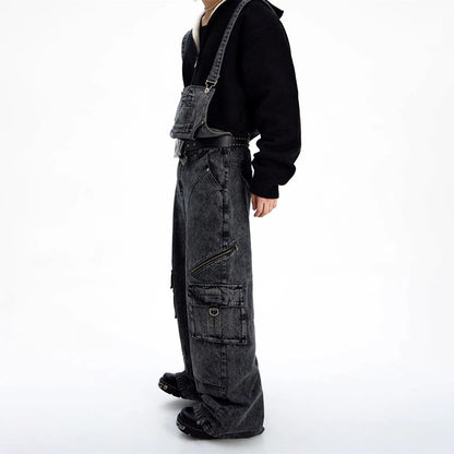 Mens Denim Strap Design Washed High Street Pants Autumn Hawaii Niche