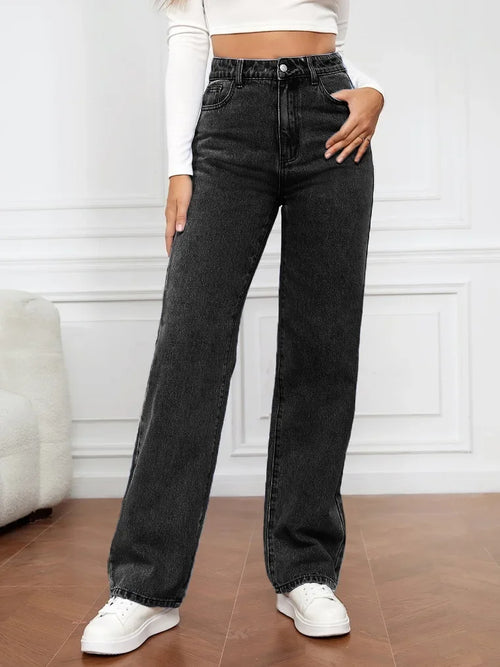 Women Jeans Straight Pants Denim Washing High Waist Loose Fit Pockets