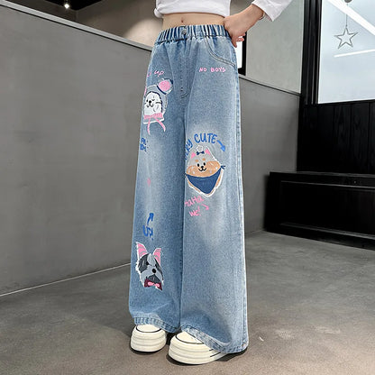 2024 Cartoon Fashion Pattern Jeans for Girl Loose Straight Denim Pants