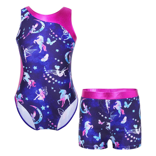 Kids Girls Gymnastics Sport Dance Leotard Set Jumpsuit Fancy Print