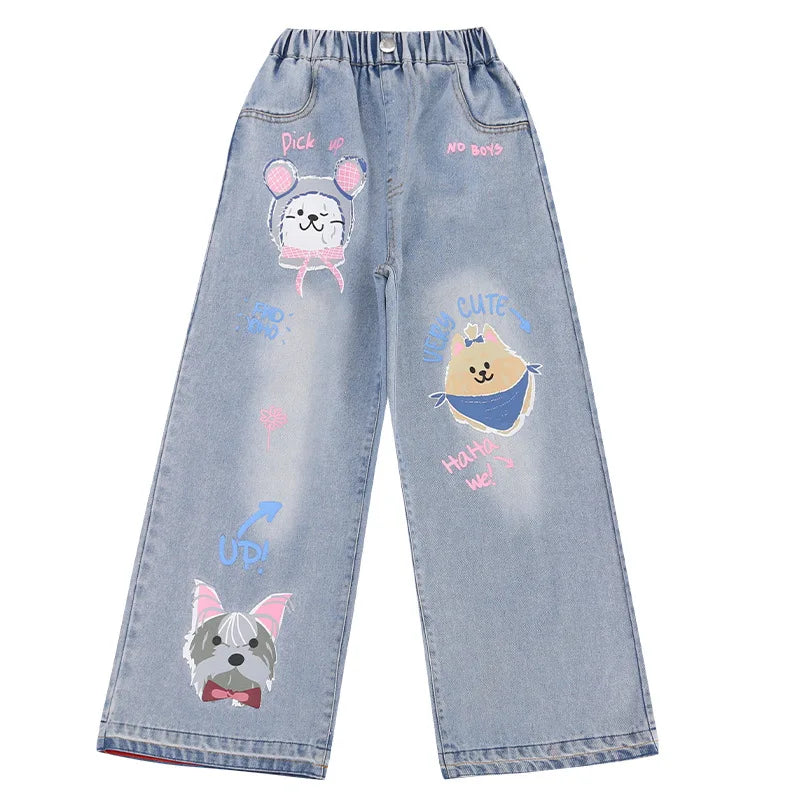 2024 Cartoon Fashion Pattern Jeans for Girl Loose Straight Denim Pants