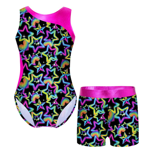 Kids Girls Gymnastics Sport Dance Leotard Set Jumpsuit Fancy Print