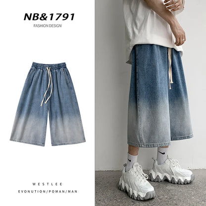 Summer Gradient Jeans Shorts Male Calf Length Trousers Denim Elastic