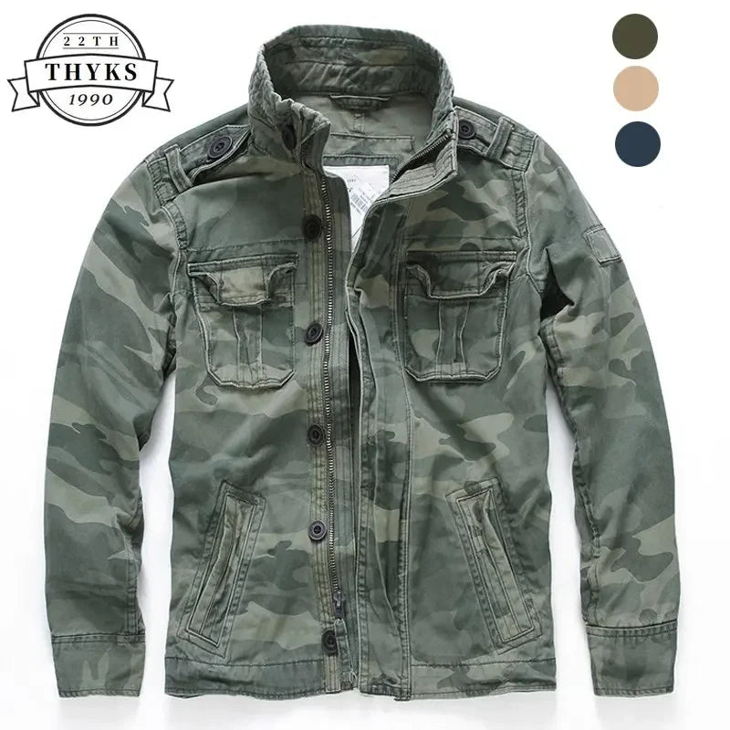 Military Denim Jacket Men Retro Camo Multi-pockets Mens Cowboy Jackets