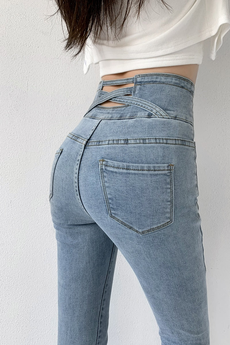 Skinny Pencil Jeans Four Buttons Vintage High Waist Women Slim Stretch