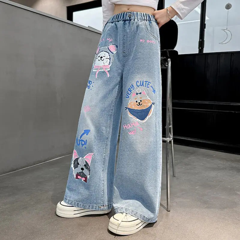 2024 Cartoon Fashion Pattern Jeans for Girl Loose Straight Denim Pants