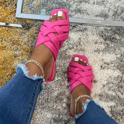 Casual Outdoor Women Slippers Leather Flat Beach Slides Summer