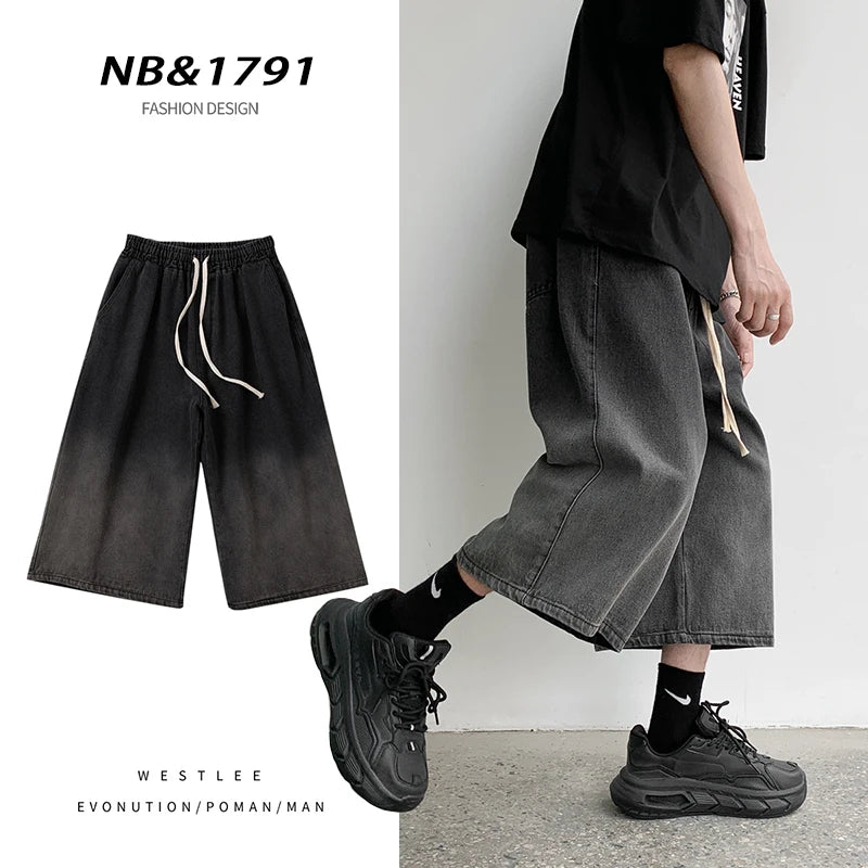 Summer Gradient Jeans Shorts Male Calf Length Trousers Denim Elastic