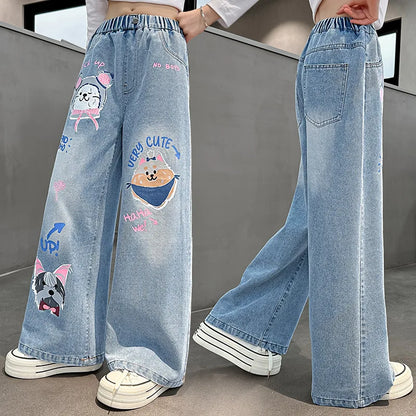 2024 Cartoon Fashion Pattern Jeans for Girl Loose Straight Denim Pants