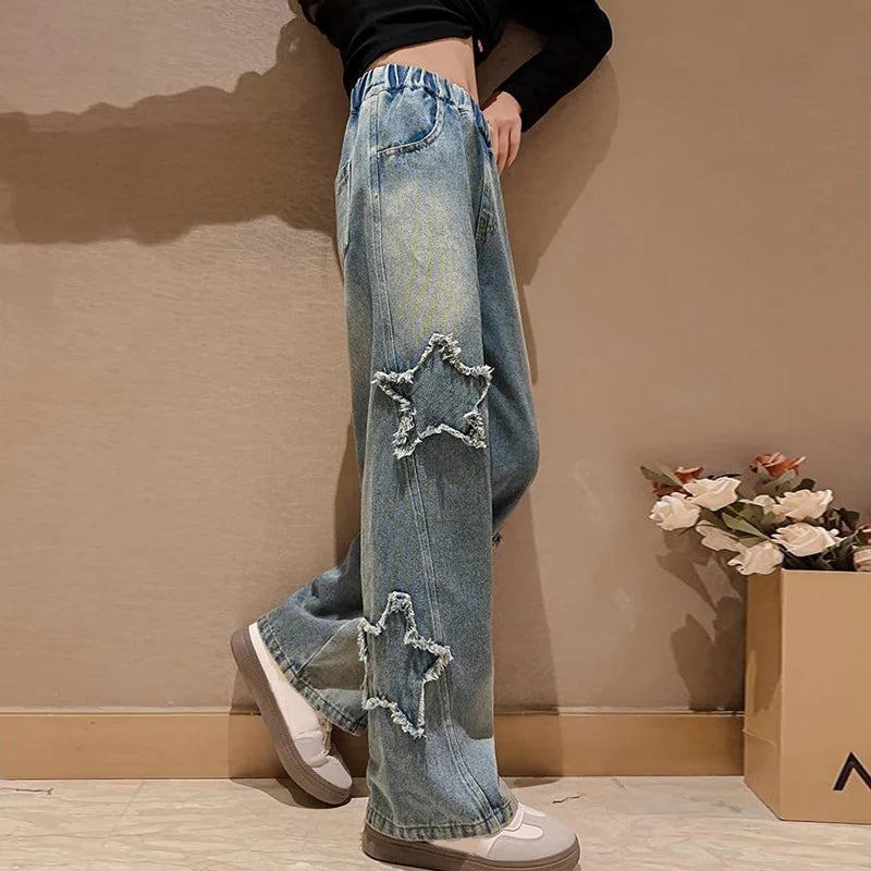 IENENS High Waist Jeans Girl Straight Loose Wide-leg Pants Spring and