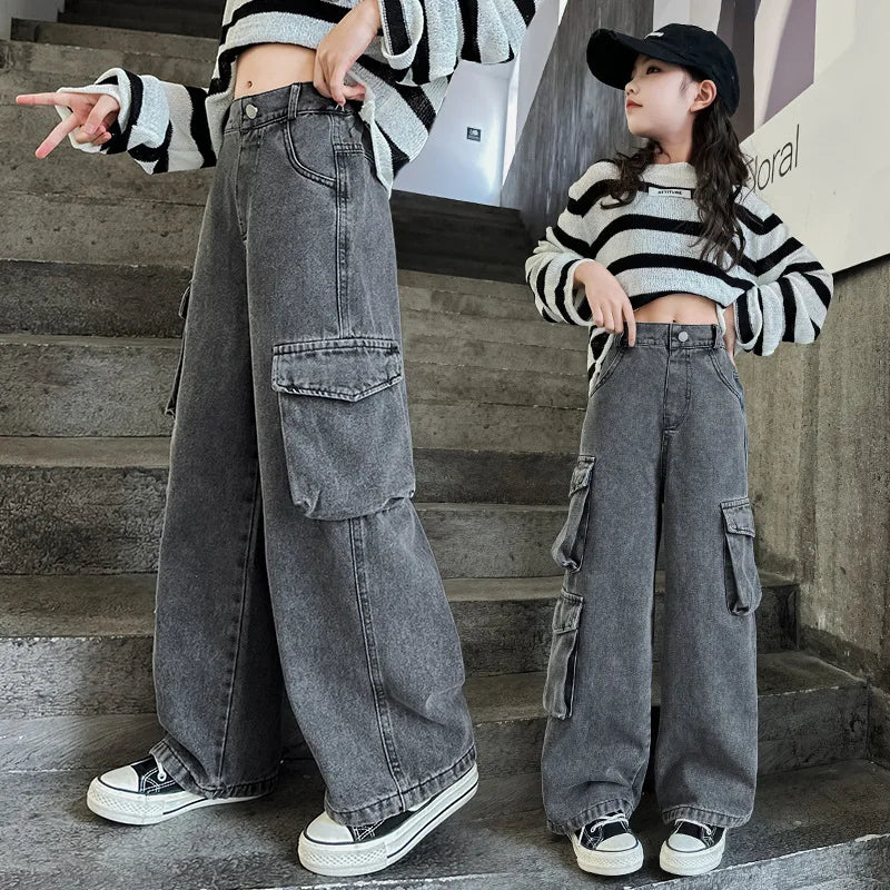 Multi-Pocket Jeans For Girls 6 8 10 12 14Years Old Spring Autumn