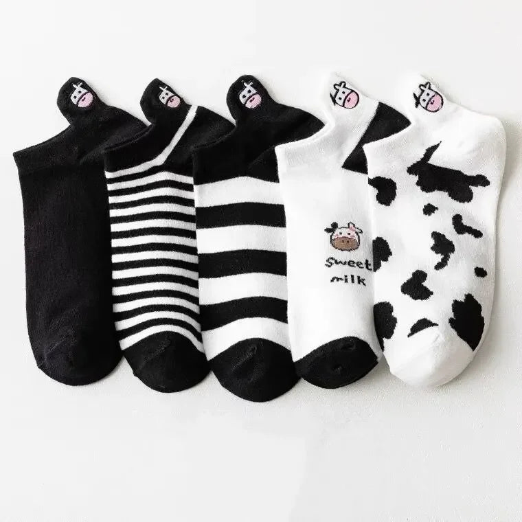 5 Pairs Womens Socks Lovely Cow Pattern Short Socks Creative Printing