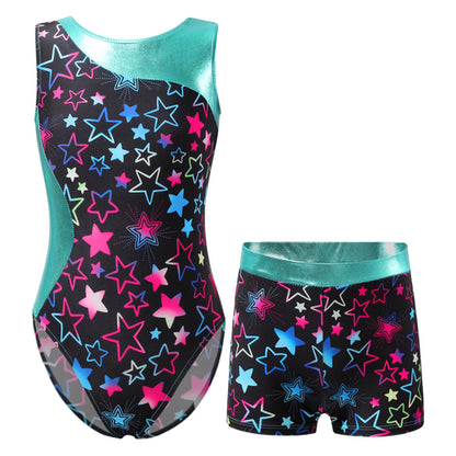 Kids Girls Gymnastics Sport Dance Leotard Set Jumpsuit Fancy Print