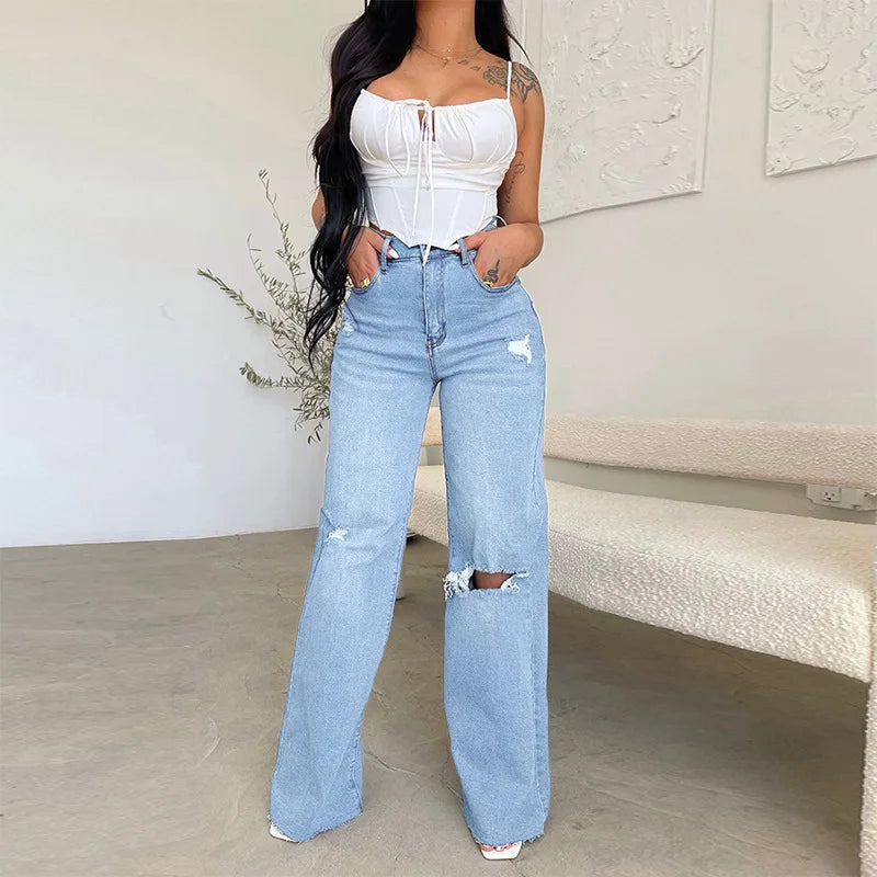 Women Jeans Wide Leg Pants Denim High Waist Zipper Fly Washing Holes