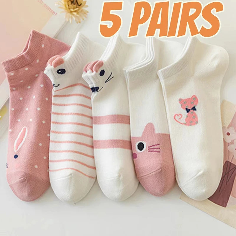 5 Pairs of Pink and White Till Cute Cat Fashion Women&