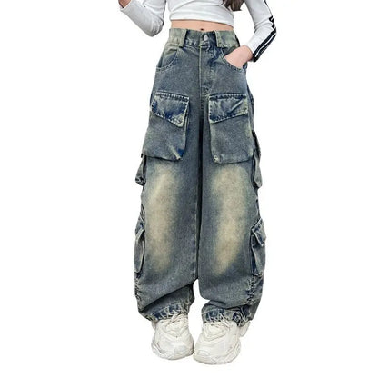 Cargo Jeans for Girls 2024 Spring Loose Casual Elastic Waist Teenage