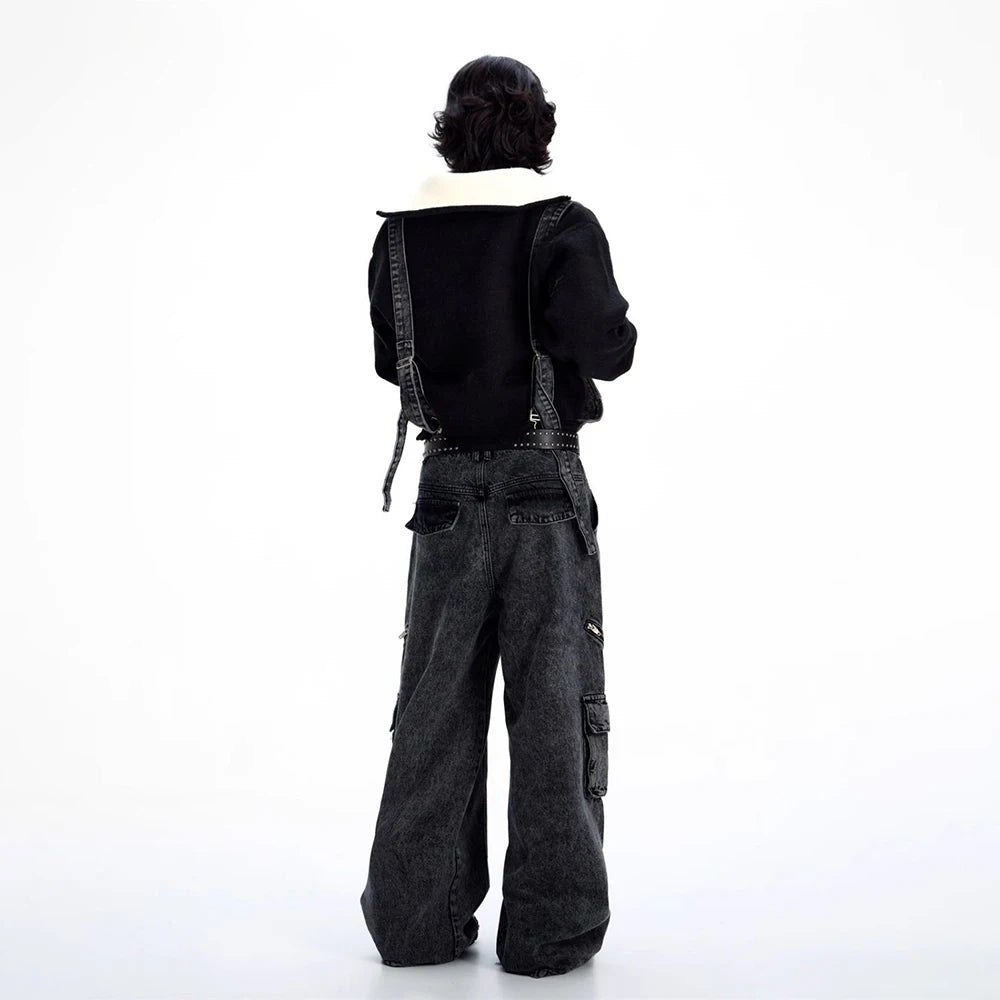 Mens Denim Strap Design Washed High Street Pants Autumn Hawaii Niche