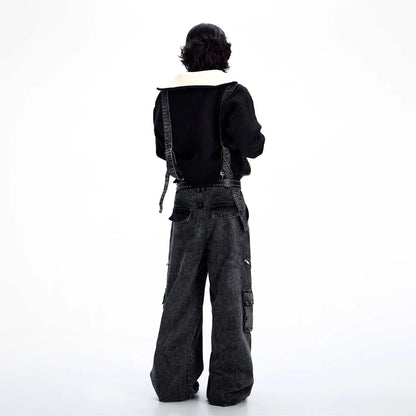 Mens Denim Strap Design Washed High Street Pants Autumn Hawaii Niche