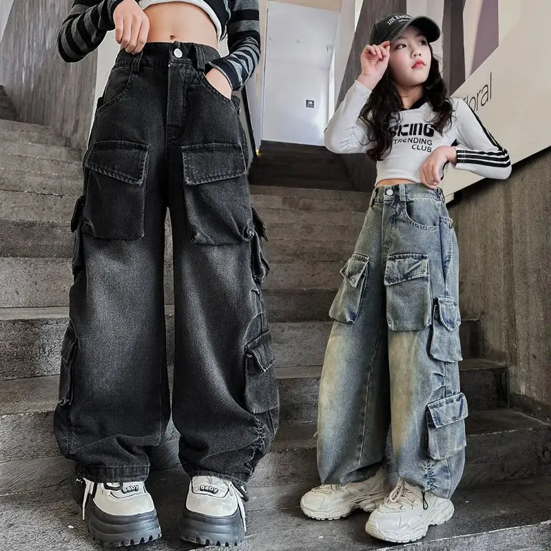 Cargo Jeans for Girls 2024 Spring Loose Casual Elastic Waist Teenage