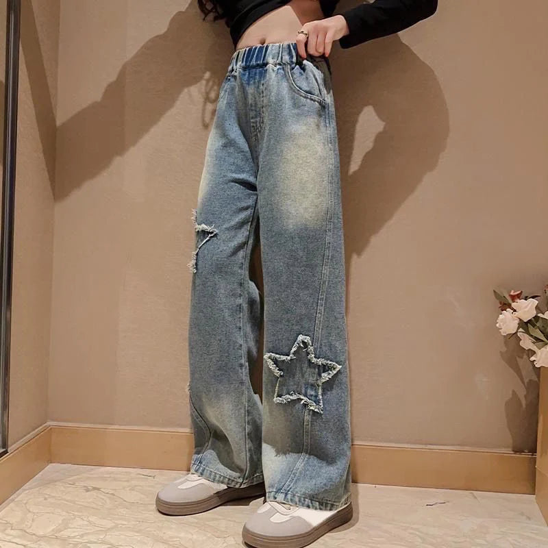 IENENS High Waist Jeans Girl Straight Loose Wide-leg Pants Spring and