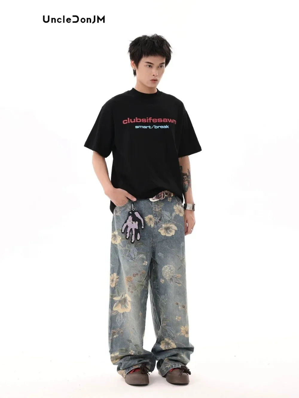 UNCLEDONJM Floral Print Jeans Y2k Men’s Jeans Streetwear Pants for Men